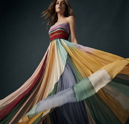 Robe maxi évasée imprimée colorée, dos nu et bustier sexy pour femme