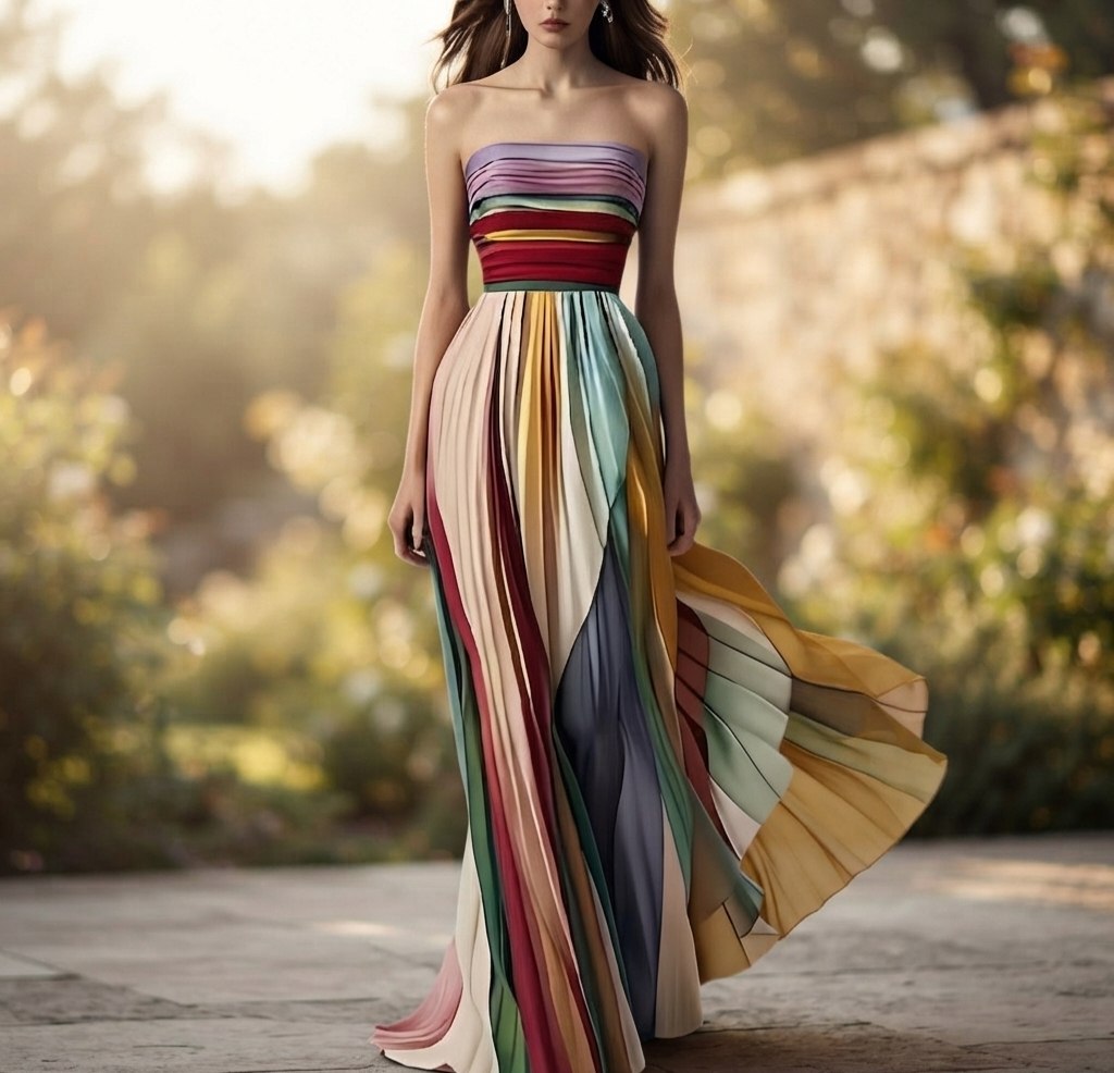 Robe maxi évasée imprimée colorée, dos nu et bustier sexy pour femme