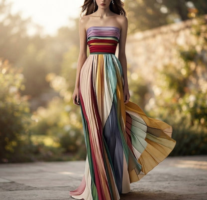 Robe maxi évasée imprimée colorée, dos nu et bustier sexy pour femme