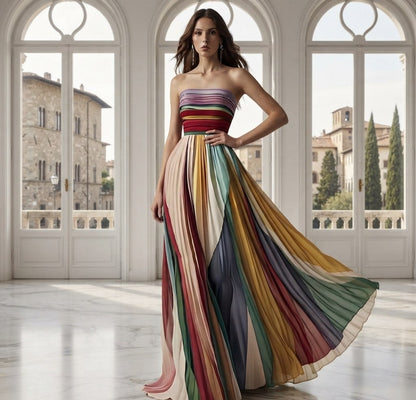 Robe maxi évasée imprimée colorée, dos nu et bustier sexy pour femme