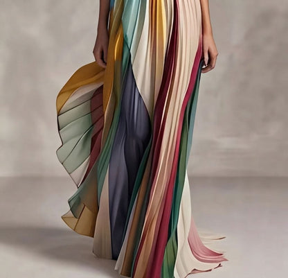 Robe maxi évasée imprimée colorée, dos nu et bustier sexy pour femme