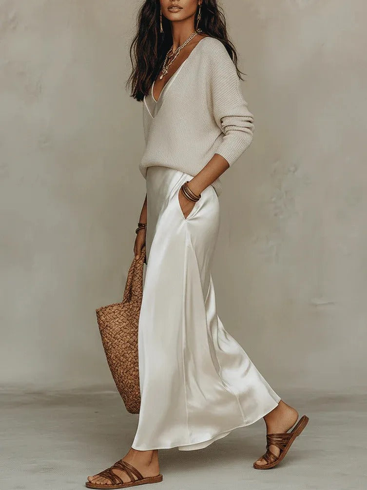 Ensemble Pull Tricoté à Col en V de Couleur Unie et Robe en Satin pour Femmes