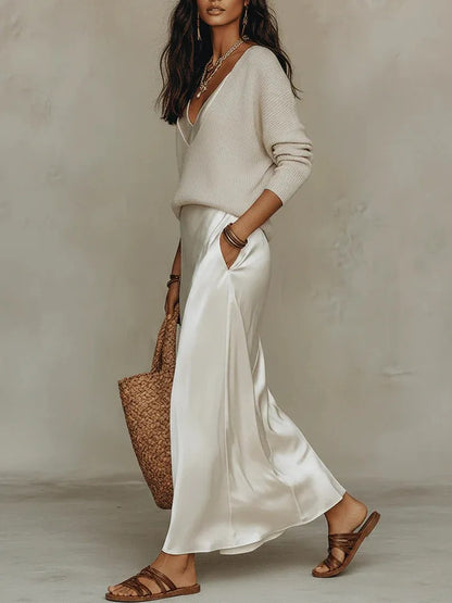 Ensemble Pull Tricoté à Col en V de Couleur Unie et Robe en Satin pour Femmes