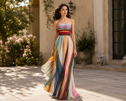 Robe maxi évasée imprimée colorée, dos nu et bustier sexy pour femme